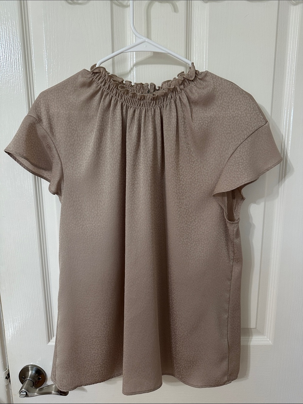 Express Taupe Short Sleeve Smocked Neck Blouse